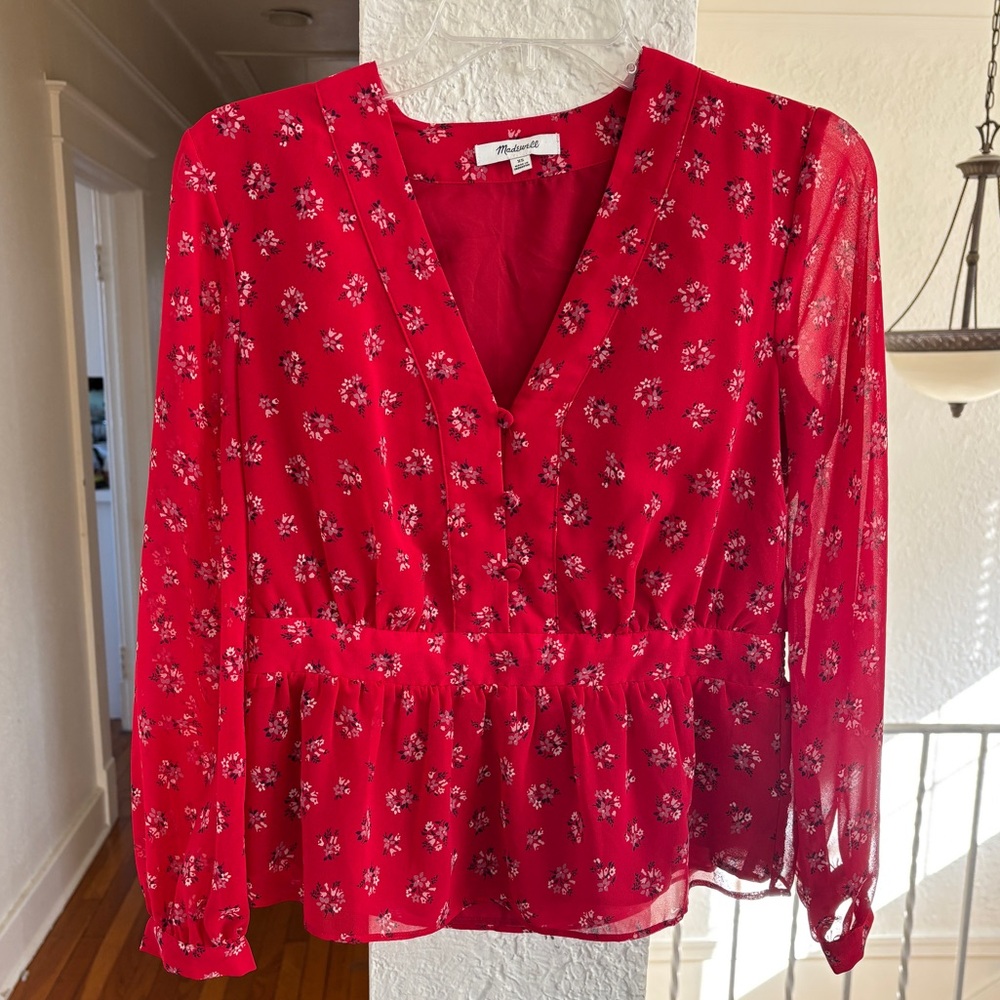 Madewell Little Lillies Red Floral Sheer Peplum Blouse Sz XS